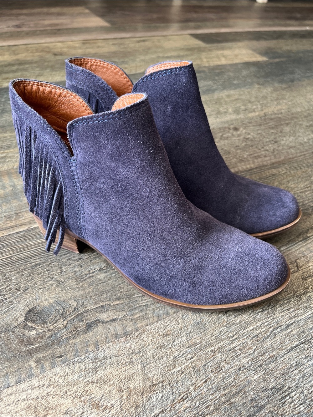Lucky Brand Navy Suede Fringe Ankle Booties